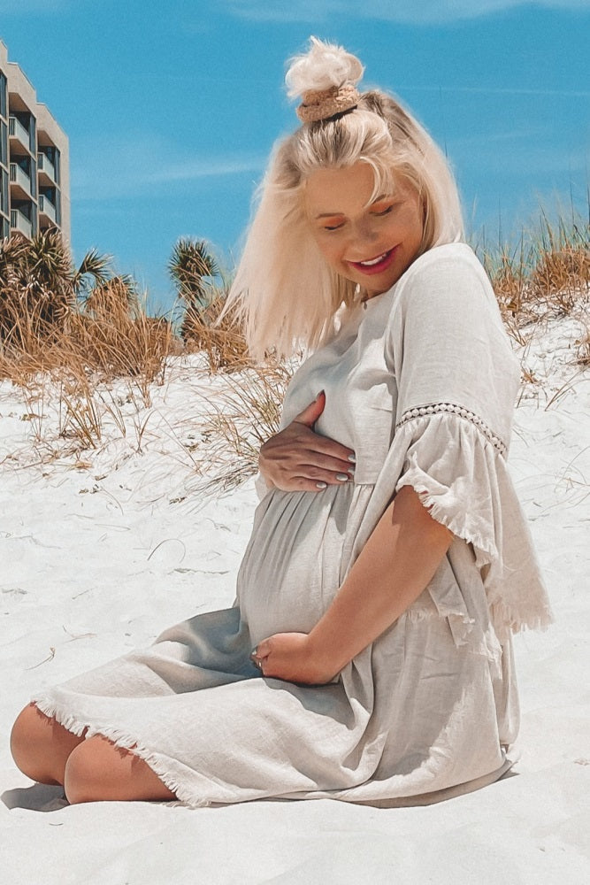 PinkBlush Beige Raw Edge Bell Sleeve Babydoll Maternity Dress