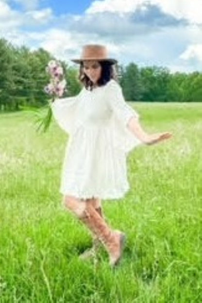 PinkBlush Beige Raw Edge Bell Sleeve Babydoll Maternity Dress