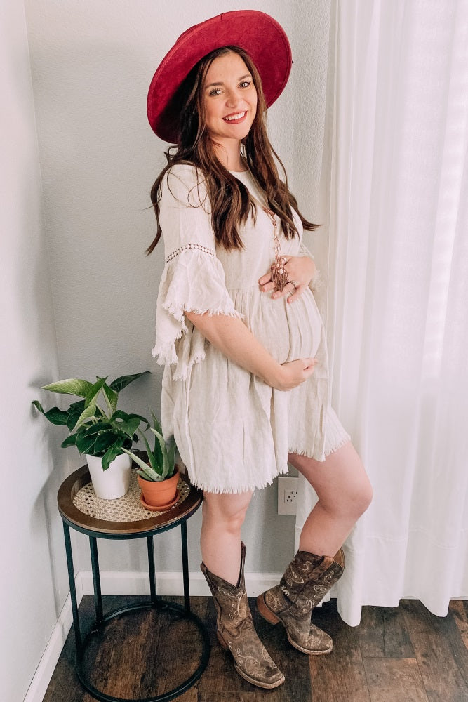 PinkBlush Beige Raw Edge Bell Sleeve Babydoll Maternity Dress