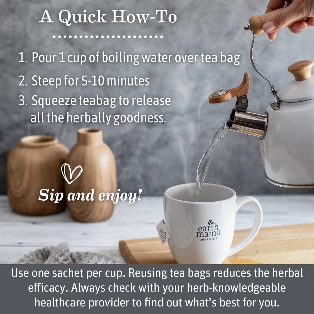 Tea-making process with a teapot pouring water into a mug labeled 'earth mama'.