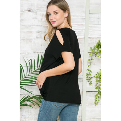 Maternity Basic Summer Crew Neck Solid Top with Front Knott