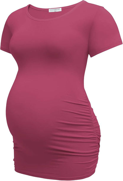 Ruched Maternity Round Neck Tee - Delilah's Maternity