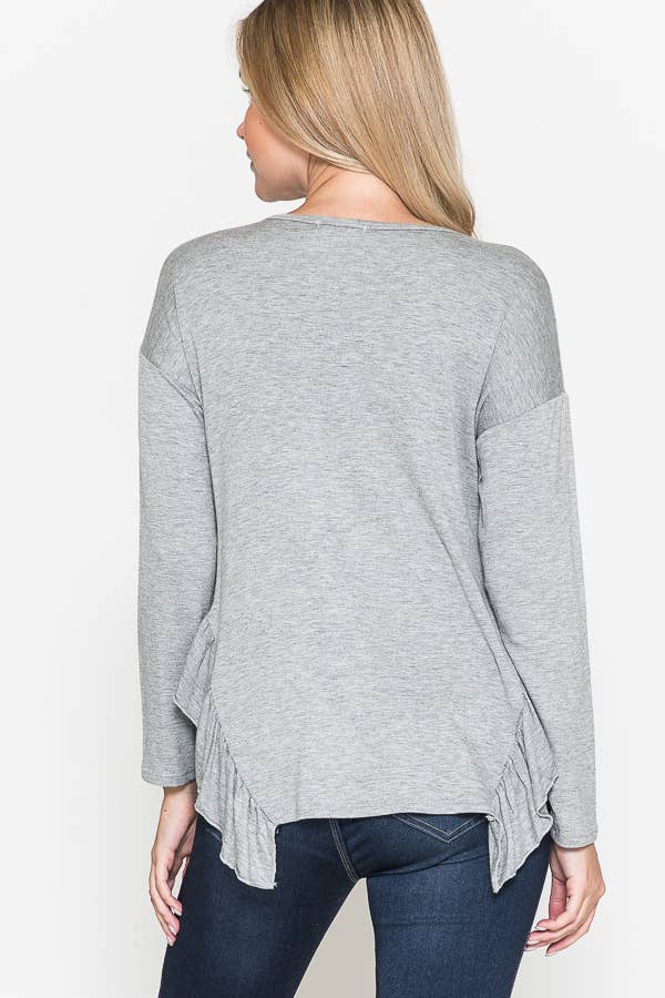 Maternity V-Neck Frill Ruffle French Terry Solid Basic Top