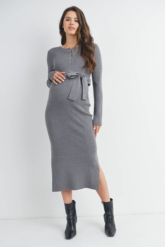 Ribbed Button Front Belted Maternity Midi Dress