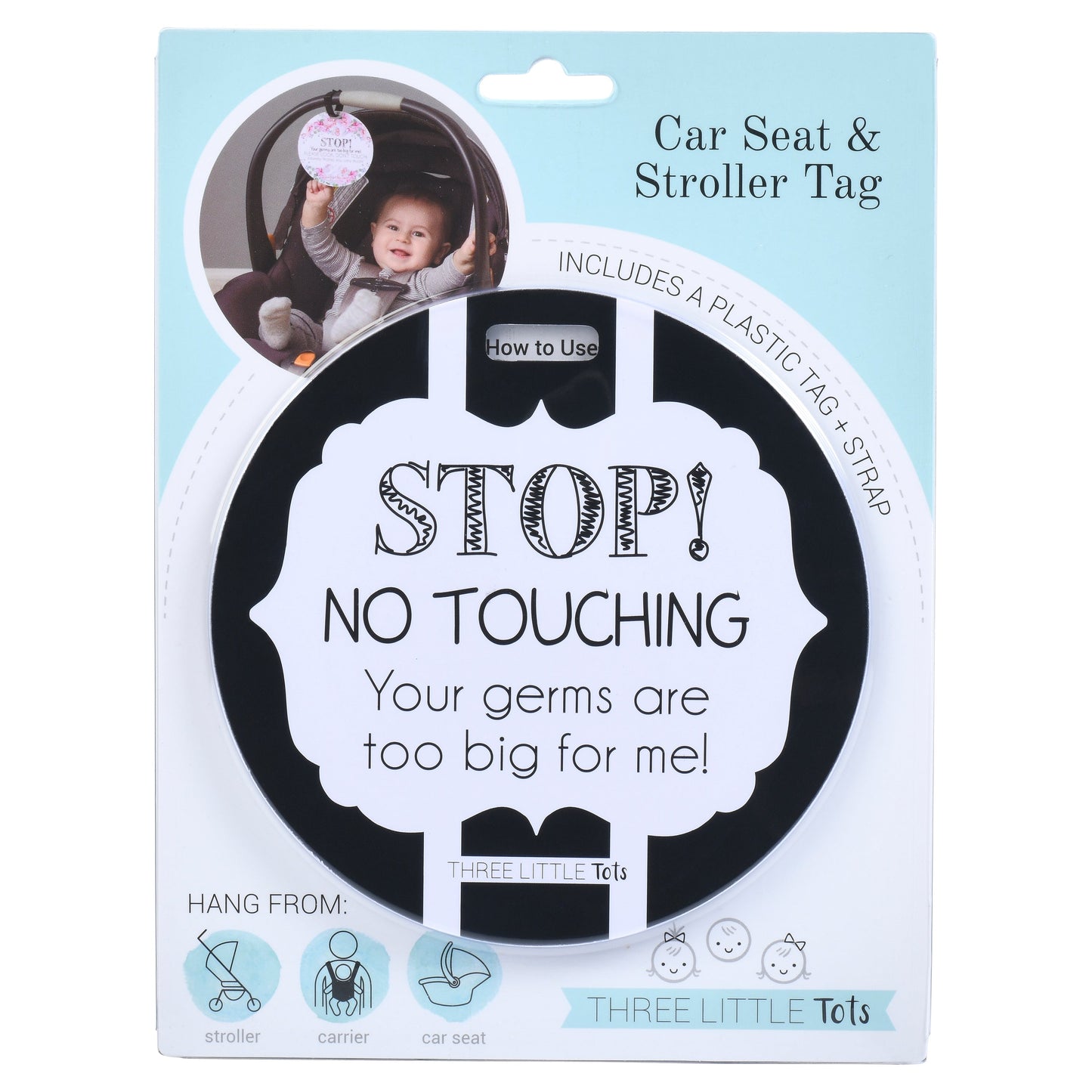 Three Little Tots Black and White No Touching Baby Car Seat Sign Tag