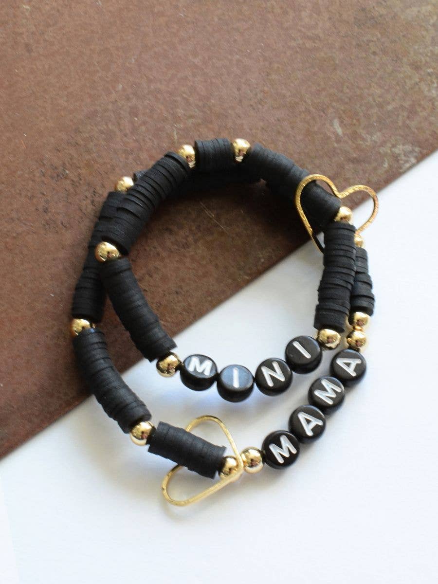 Mama Mini Black Gold Beaded Stretch Bracelet Jewelry Set