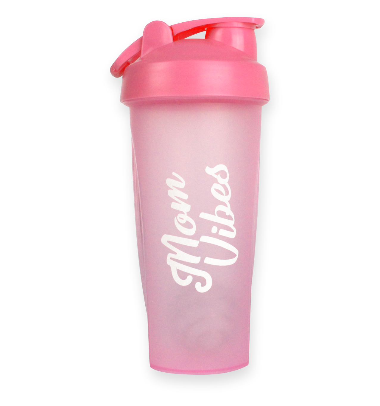 Pink shaker bottle with 'Mom Vibes' text on a white background