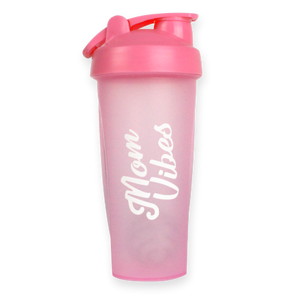 Pink shaker bottle with 'Mom Vibes' text on a white background