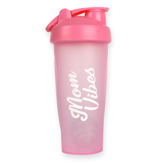 Pink shaker bottle with 'Mom Vibes' text on a white background