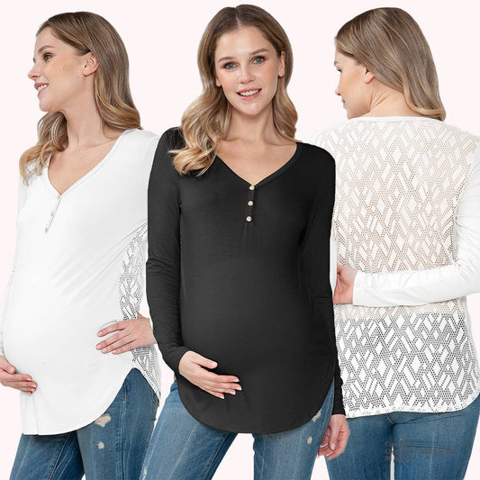 Maternity V-Neck See-Through Back Lace Top