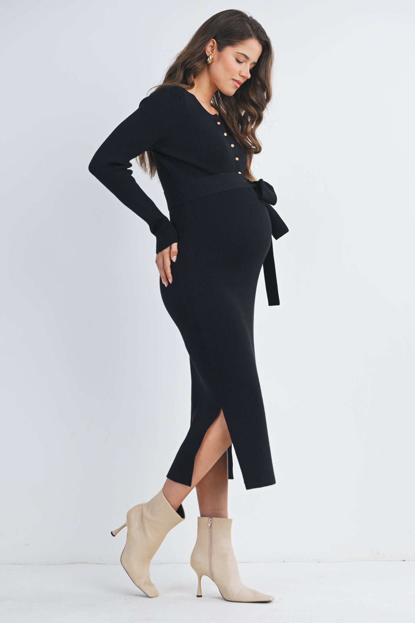 Ribbed Button Front Belted Maternity Midi Dress
