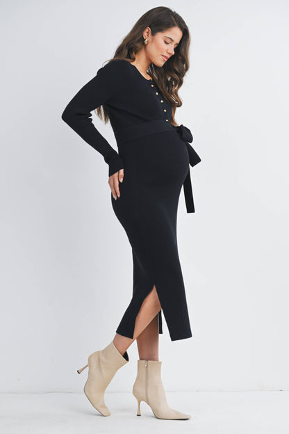 Ribbed Button Front Belted Maternity Midi Dress