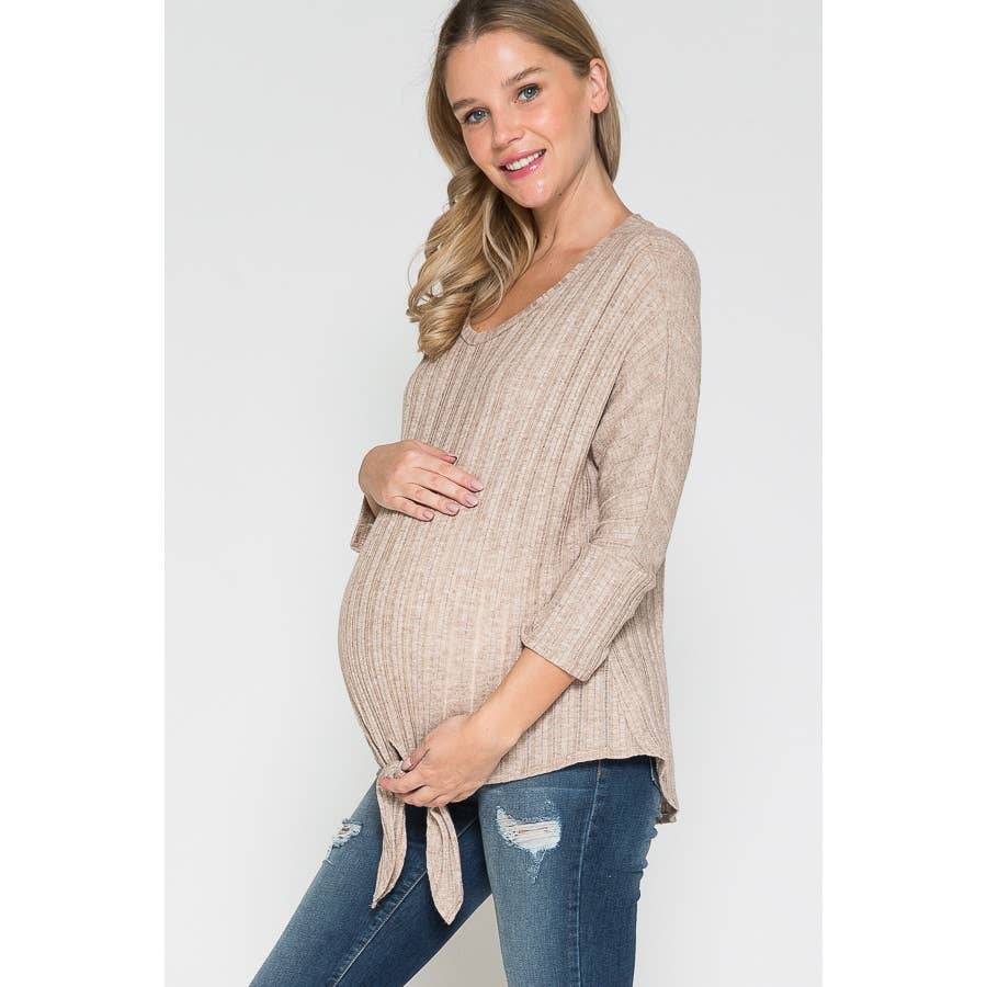 Round Neck Front Tie Ribbed Sweater