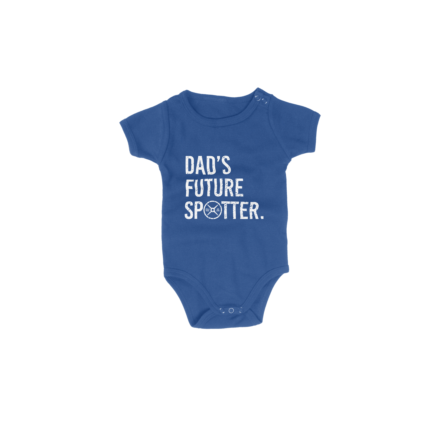 Blue baby onesie with 'Dad's Future Spotter' text on a white background