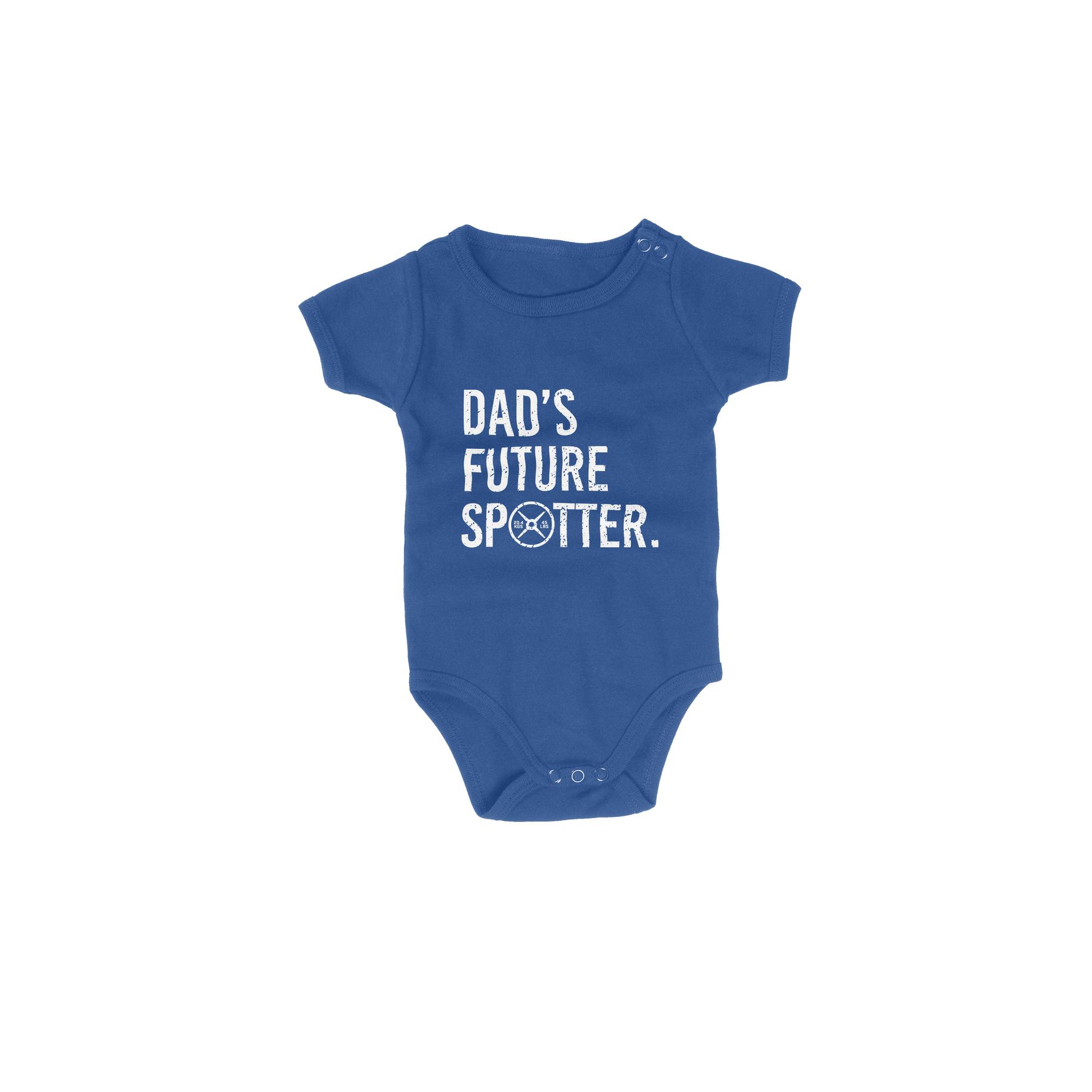 Blue baby onesie with 'Dad's Future Spotter' text on a white background