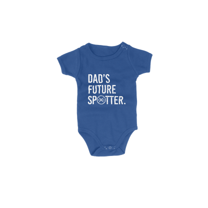 Blue baby onesie with 'Dad's Future Spotter' text on a white background