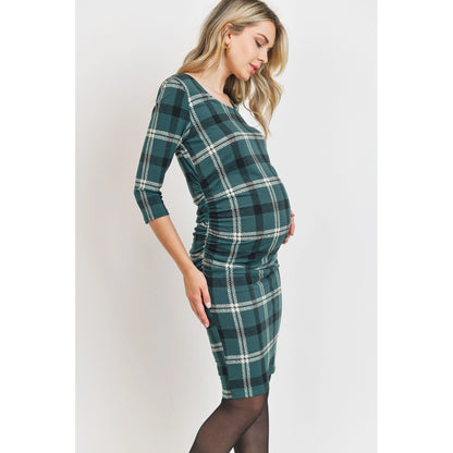 3/4 Sleeve Plaid Bodycon Maternity Dress
