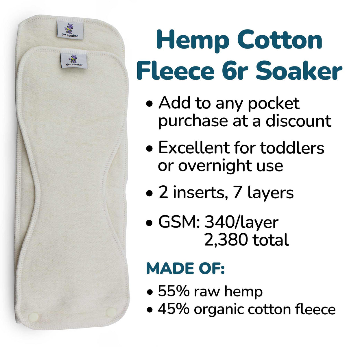 Kanga Care 6r Soaker Insert Set | Raw Hemp Cotton Fleece