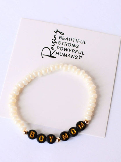 Boy Mom Black and Gold Beaded Pearl Stretch Bracelet
