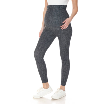 A pregnant woman wearing Buttery Soft Full Length Print Maternity Leggings in herringbone pattern.