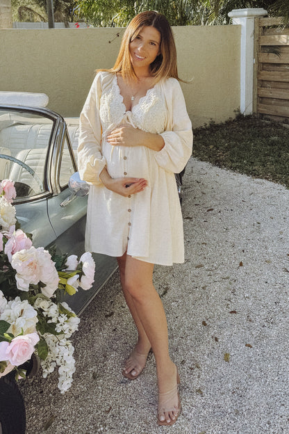 PinkBlush Beige Crochet Lace Button Front Maternity Dress
