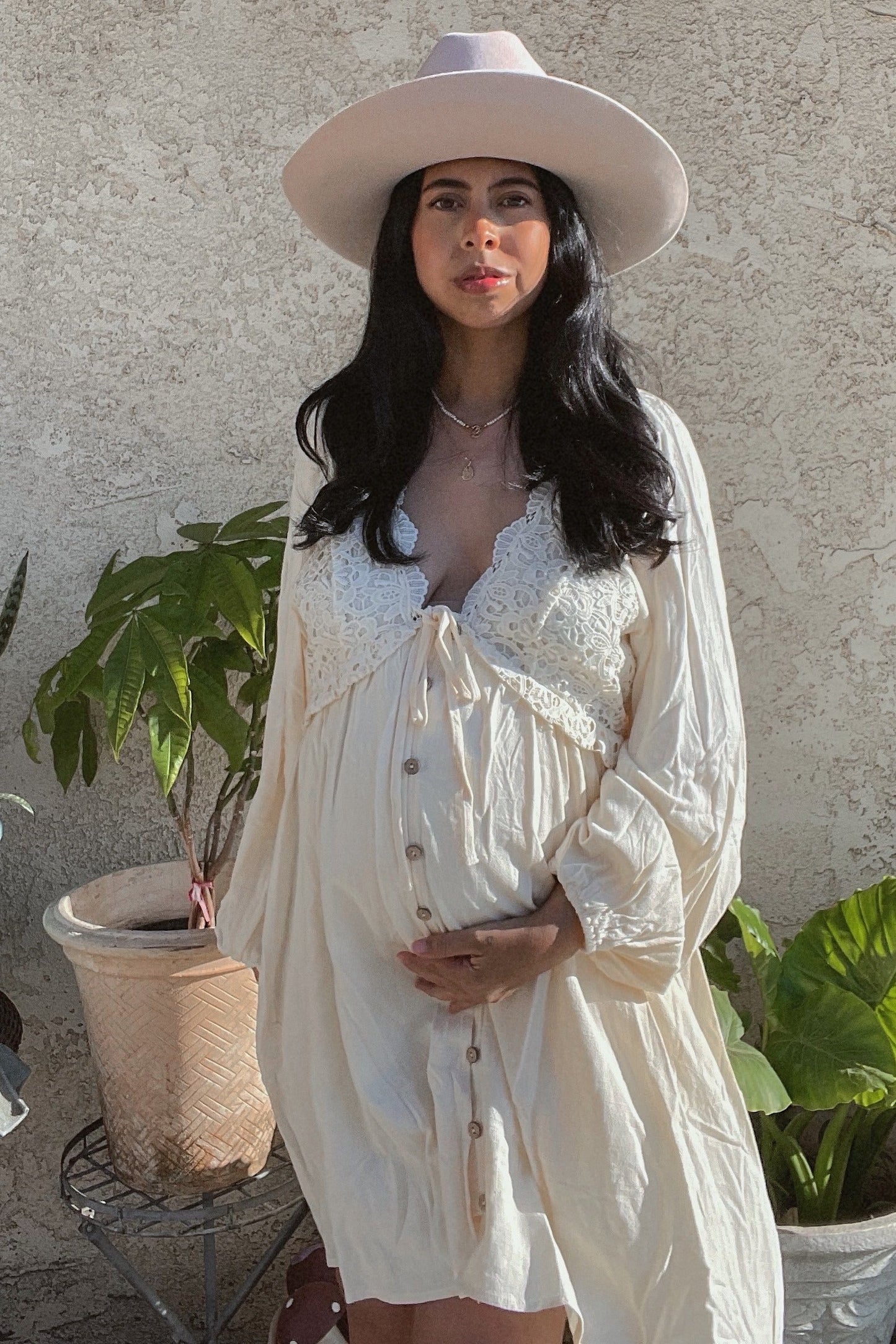 PinkBlush Beige Crochet Lace Button Front Maternity Dress