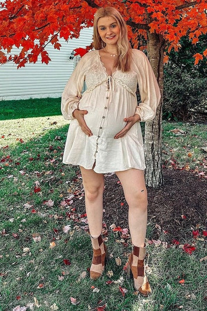 PinkBlush Beige Crochet Lace Button Front Maternity Dress