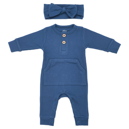 Three Little Tots Navy Baby Ribbed Playsuit with Pockets