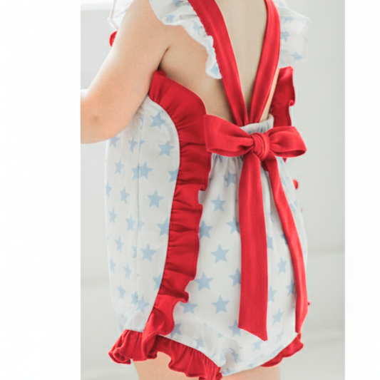 The Little Lemons Company Red, White, and Stars Girl Bow Bubble Romper