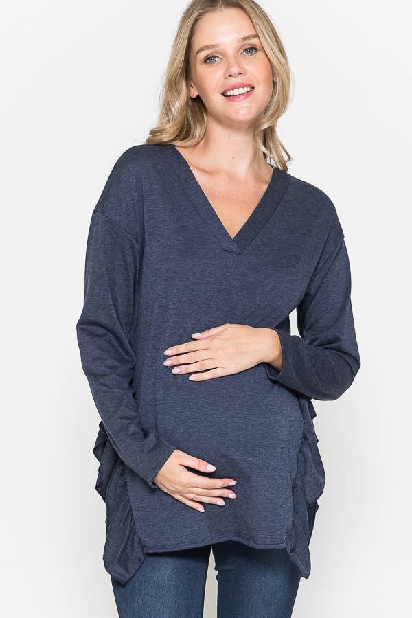 Maternity V-Neck Frill Ruffle French Terry Solid Basic Top