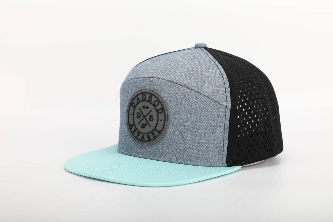 Gray and black cap with a light blue visor on a white background