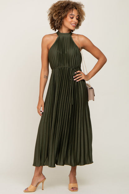 PinkBlush Olive Pleated Maternity Halter Dress