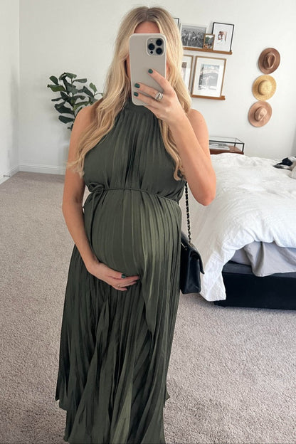 PinkBlush Olive Pleated Maternity Halter Dress