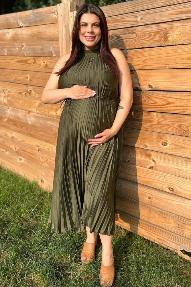 PinkBlush Olive Pleated Maternity Halter Dress