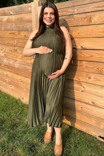 PinkBlush Olive Pleated Maternity Halter Dress