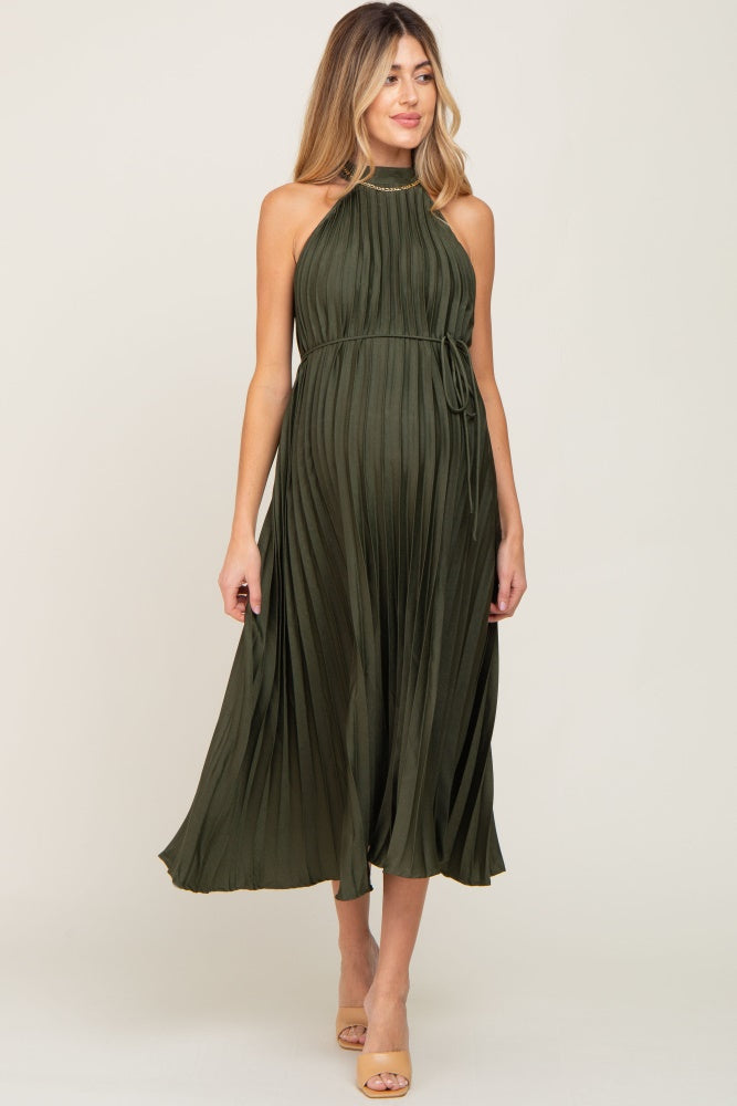 PinkBlush Olive Pleated Maternity Halter Dress