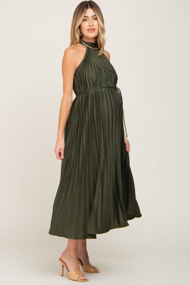 PinkBlush Olive Pleated Maternity Halter Dress