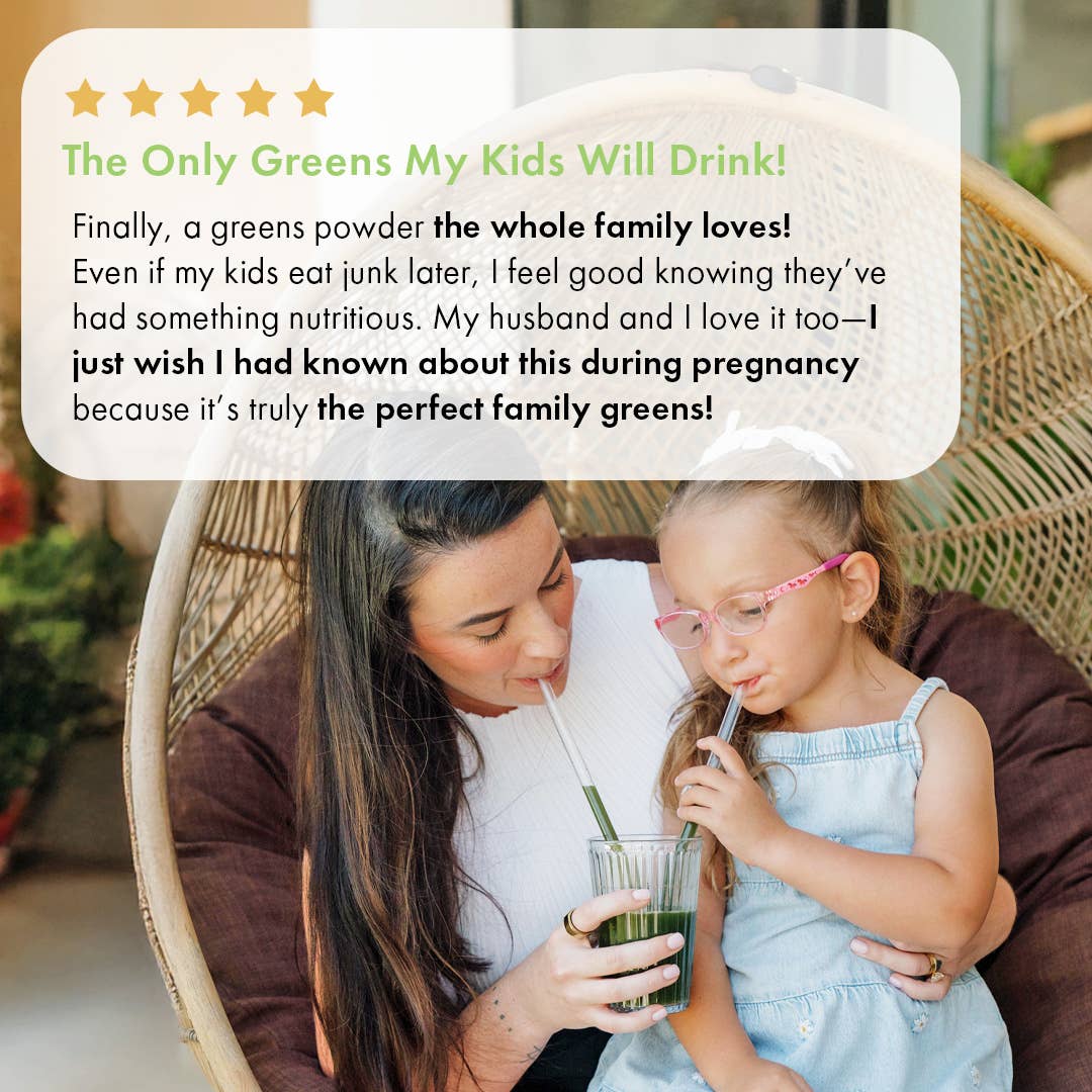 A mother and daughter sharing a glass of the Mother of All Greens with a 5-star customer review.