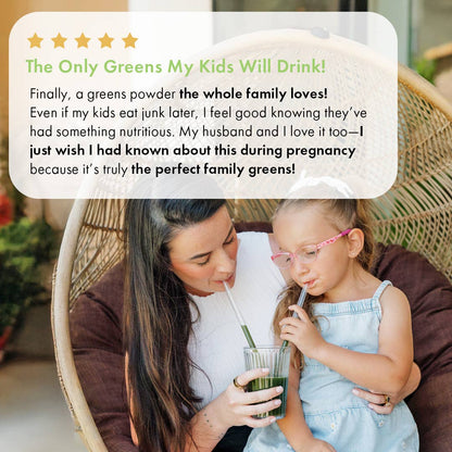 A mother and daughter sharing a glass of the Mother of All Greens with a 5-star customer review.