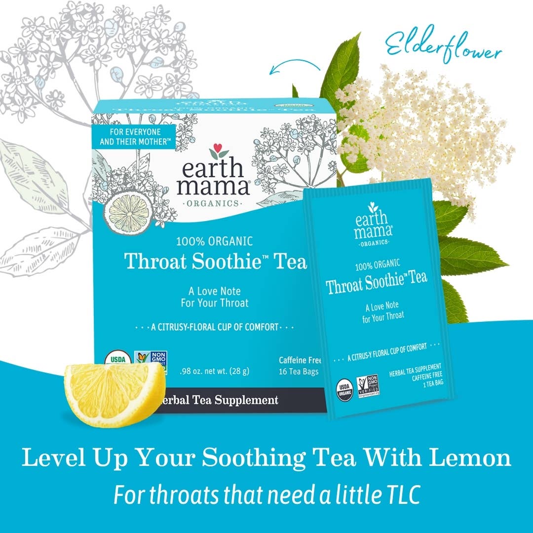 earth mama Organics Throat Soothie Tea packaging with lemon wedge and elderflower illustration on a blue background