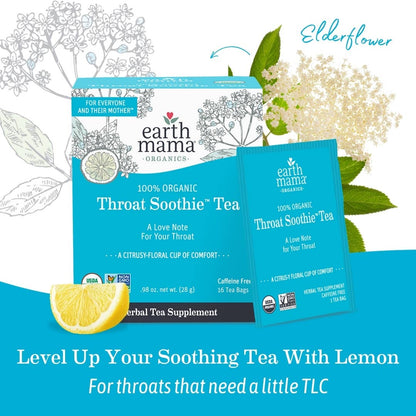 earth mama Organics Throat Soothie Tea packaging with lemon wedge and elderflower illustration on a blue background