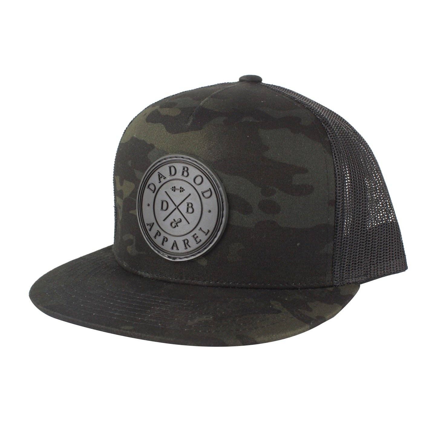Camouflage trucker hat with a logo on a white background