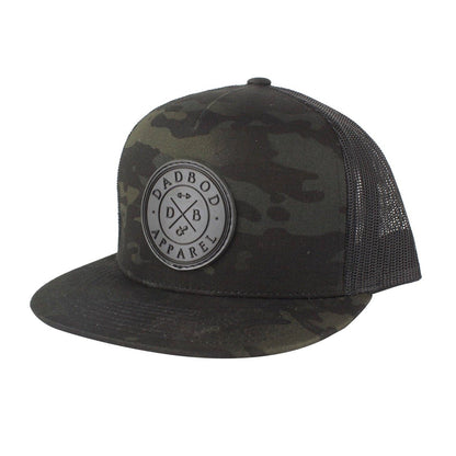 Camouflage trucker hat with a logo on a white background