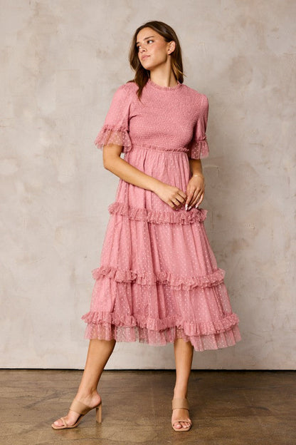 PinkBlush Pink Polka Dot Tulle Smocked Maternity Midi Dress