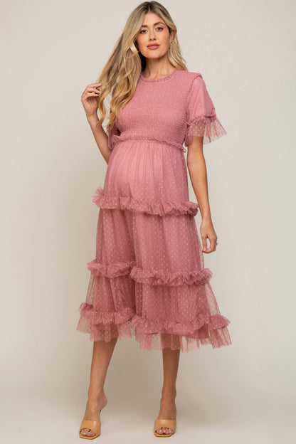 PinkBlush Pink Polka Dot Tulle Smocked Maternity Midi Dress