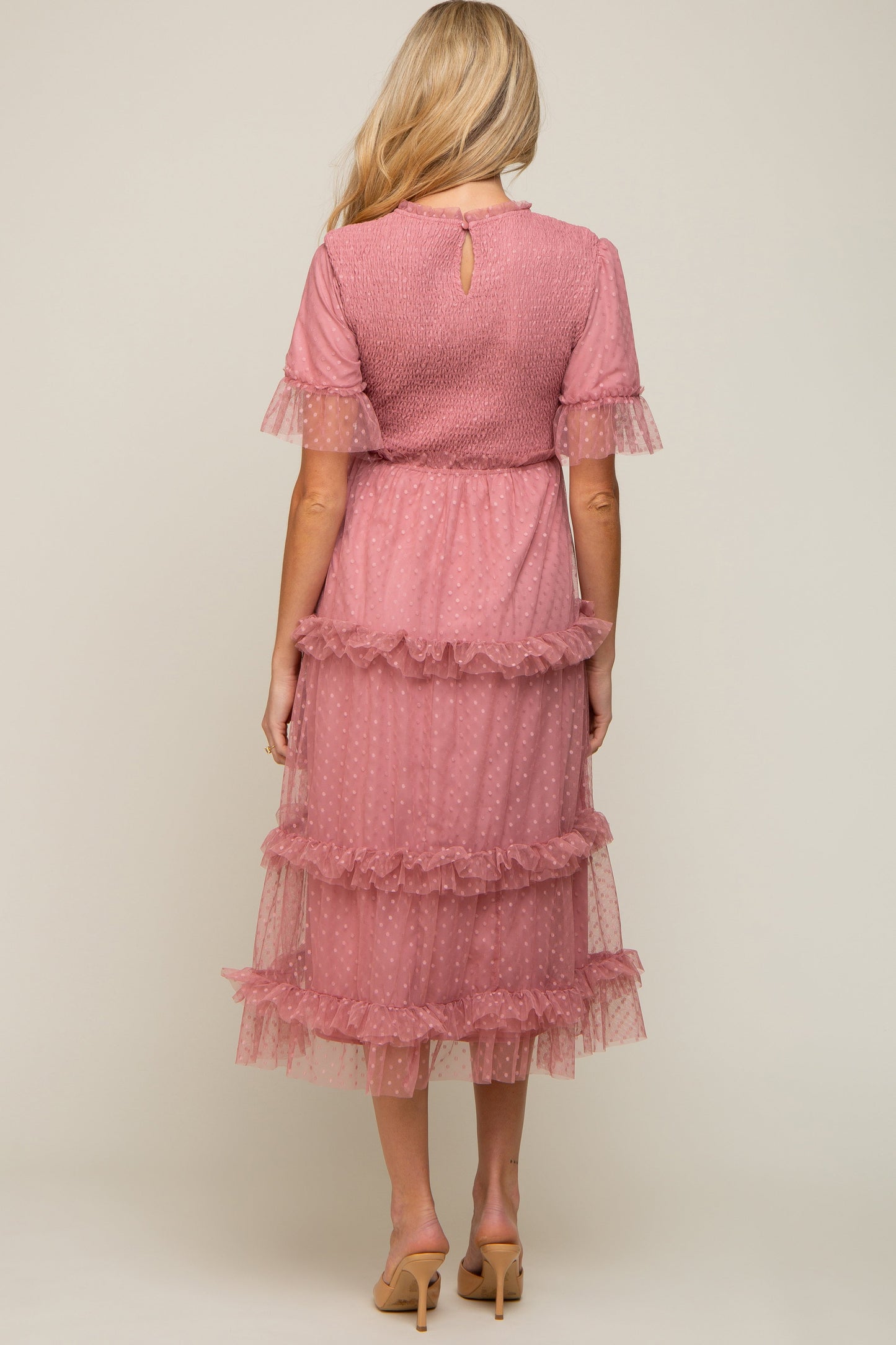 PinkBlush Pink Polka Dot Tulle Smocked Maternity Midi Dress