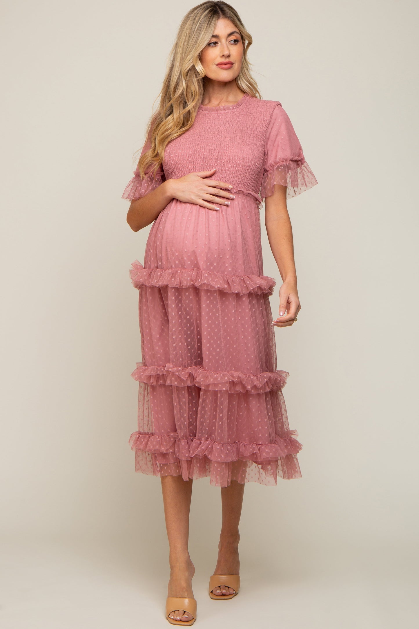 PinkBlush Pink Polka Dot Tulle Smocked Maternity Midi Dress