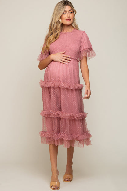 PinkBlush Pink Polka Dot Tulle Smocked Maternity Midi Dress