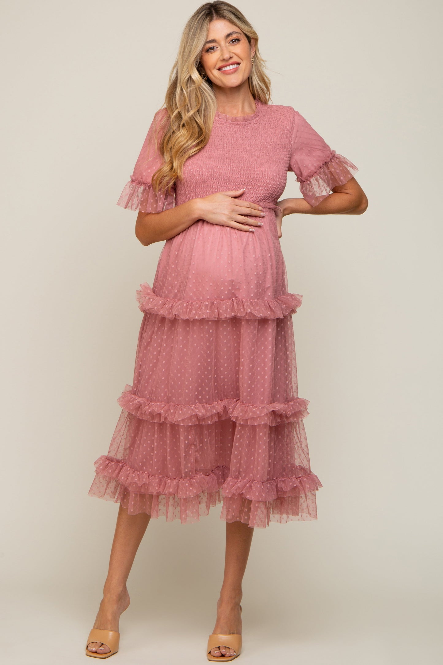 PinkBlush Pink Polka Dot Tulle Smocked Maternity Midi Dress