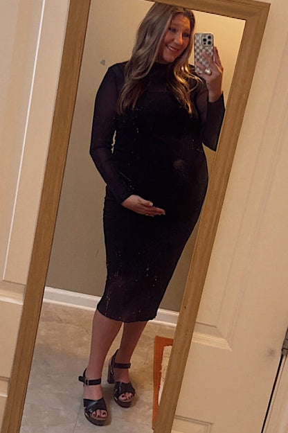 PinkBlush Black Shimmer Mesh Long Sleeve Ruched Maternity Midi Dress
